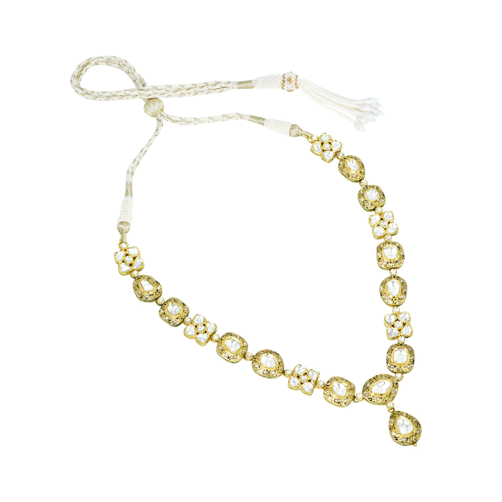 Polki Necklace with Teardrop Pendant in Partash work